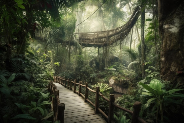 Un puente de madera en medio de una jungla IA generativa