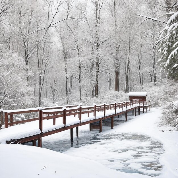 Puente de madera nevado en un día de invierno generado por IA