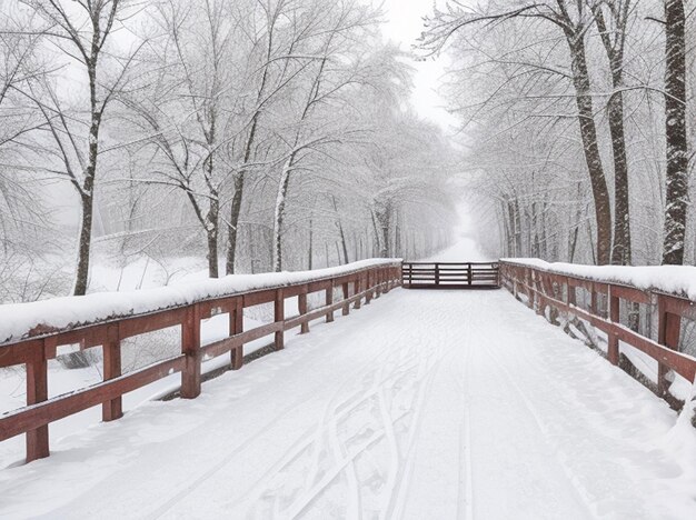 Foto puente de madera nevado en un día de invierno stare juchy polonia