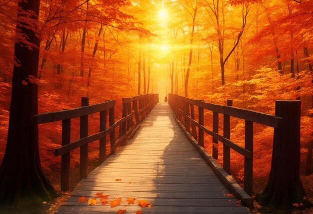 Foto puente de madera en el parque de otoño