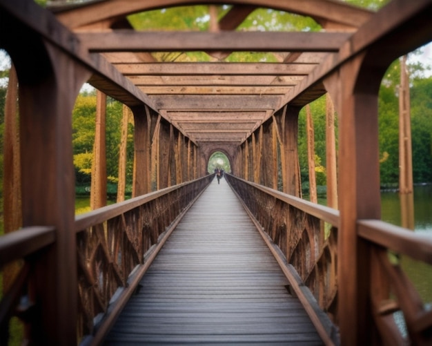 un puente de madera con una persona caminando a través de él