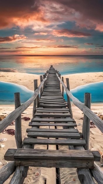 Puente de madera a la playa durante la puesta de sol