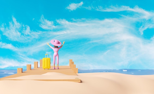 puente de madera que conduce al mar en un día brillante con personaje de dibujos animados en 3D mujer de pie maleta mar cielo azul paisaje de fondo concepto de viaje de verano 3D render ilustración