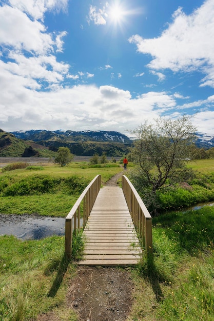 Puente de madera sobre el canal en el desierto remoto en verano