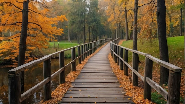 Puente de madera sobre un estanque tranquilo en el parque de otoño