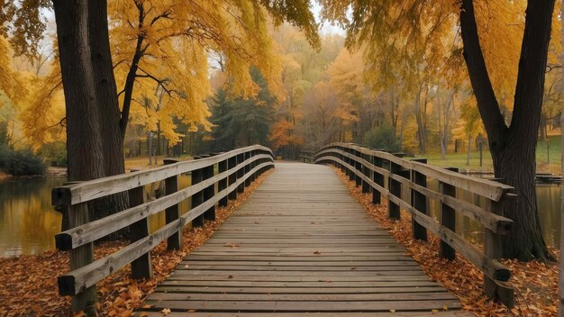 Puente de madera sobre un estanque tranquilo en el parque de otoño