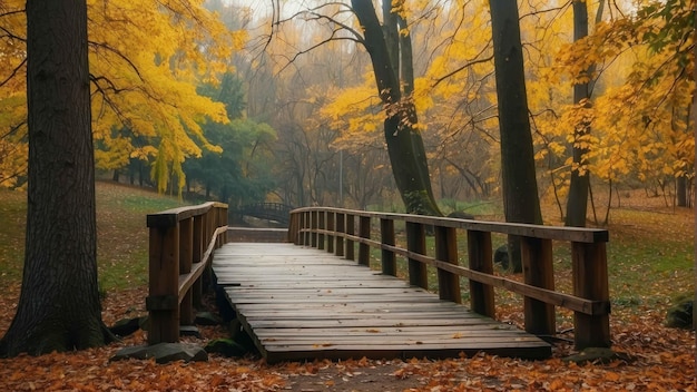 Puente de madera sobre un estanque tranquilo en el parque de otoño