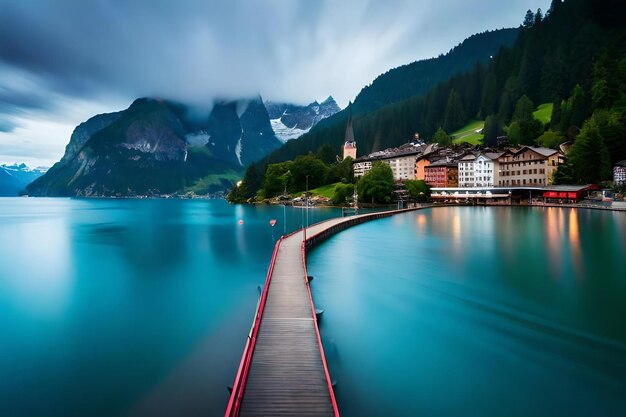 Foto un puente de madera sobre un lago frente a una montaña