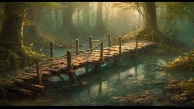 Puente de madera sobre el lago en otoño forestgenerative ai