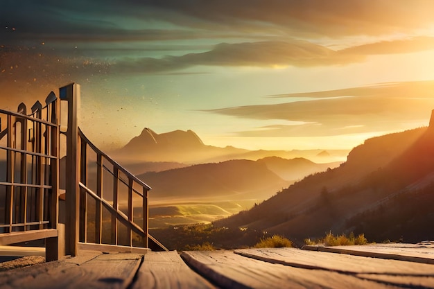 un puente de madera sobre un paisaje de montaña con una puesta de sol de fondo.