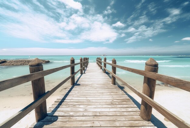 Foto puente de madera sobre la playa con agua tranquila y limpia generativa ai