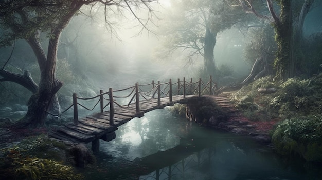 Puente de madera sobre el río en el bosque de niebla ai generador