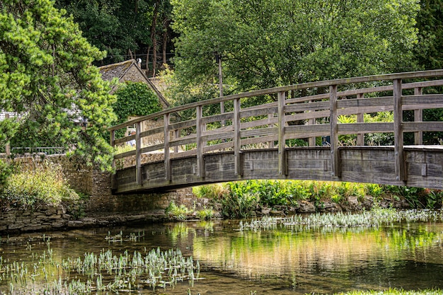 Puente de madera sobre un río en un bosque verde