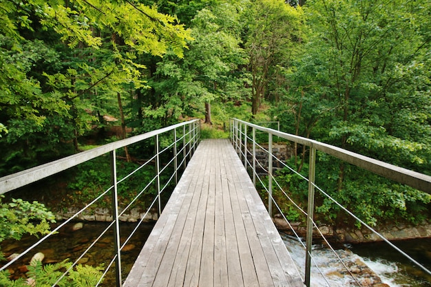 El puente de madera sobre el río de montaña