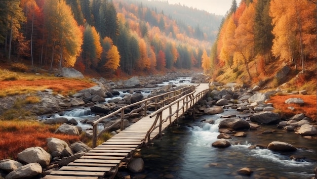 puente de madera sobre un río rocoso con un hermoso fondo de bosque de otoño