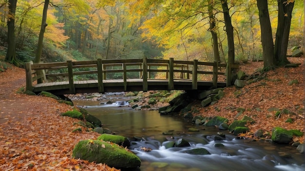 Puente de madera sobre un tranquilo arroyo del bosque