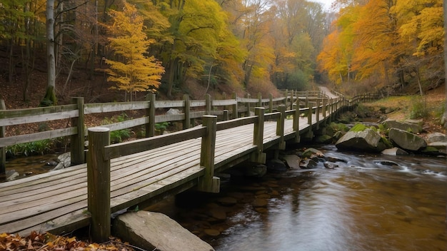 Puente de madera sobre un tranquilo arroyo del bosque