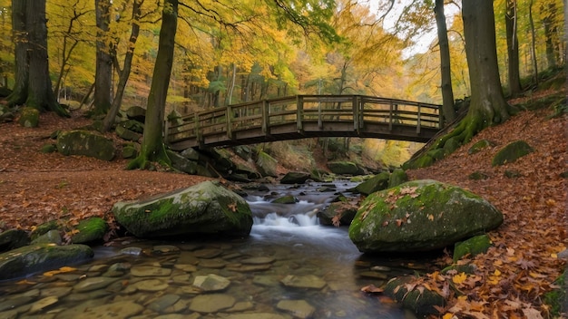 Puente de madera sobre un tranquilo arroyo del bosque
