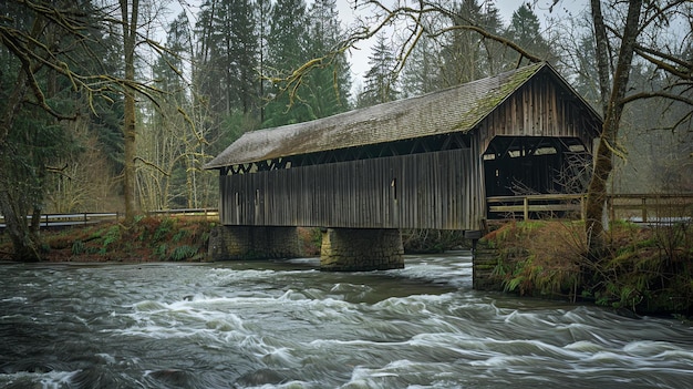 Un puente de madera con un techo marrón oscuro cruza un río ancho el río fluye rápidamente y hay árboles a ambos lados del río
