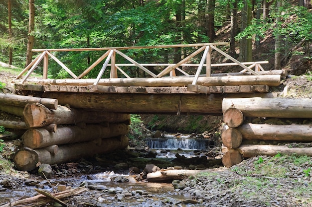 Un puente de madera a través de un arroyo de montaña en el bosque