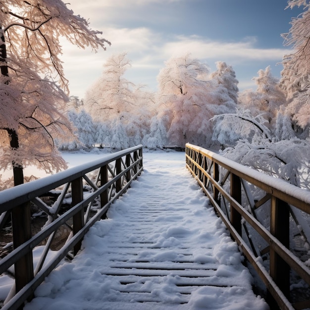 Puente de madera vestido de nieve una escena tranquila en un día de invierno