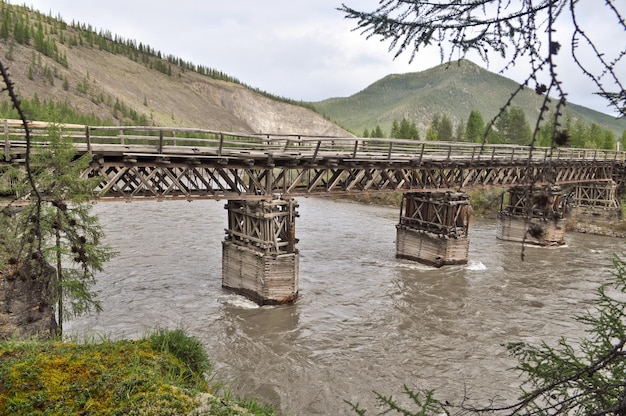 Puente de madera en Yakutia a través del río de montaña