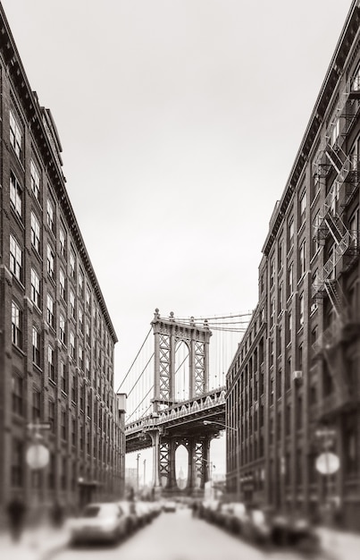 Puente de Manhattan y Empire State Building vistos desde Brooklyn, Nueva York. Imagen en blanco y negro con un primer plano borroso. Estilización de fotos antiguas, agregado de grano de película. Tonos sepia