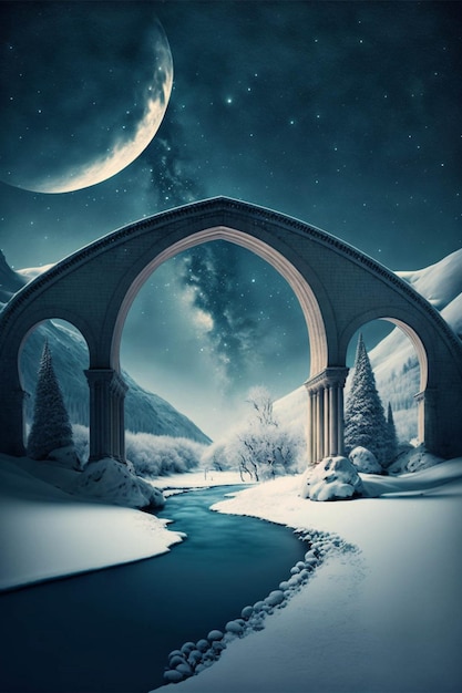 Puente en medio de un paisaje nevado ai generativo