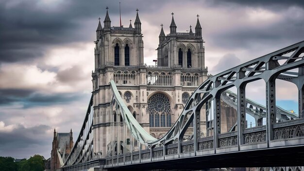 Puente metálico gris y catedral gótica