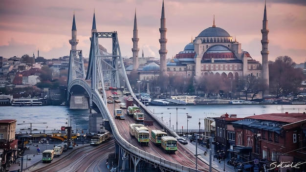 El puente de metro de Halic y la vista de suleymaniye en el distrito de Fatih de Estambul, Turquía