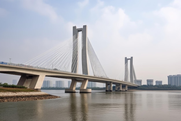 Puente moderno con líneas elegantes y torres altas que cruzan el río creado con IA generativa