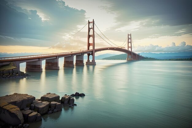 Un puente muy alto sobre un cuerpo de agua Foto de stock