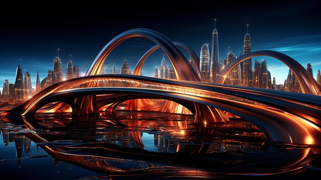 Puente de neón futurista con líneas curvas y un