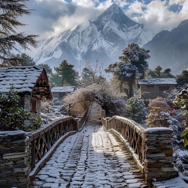 un puente con nieve y una montaña en el fondo