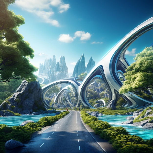Puente o túnel futurista que conecta paisajes contrastantes