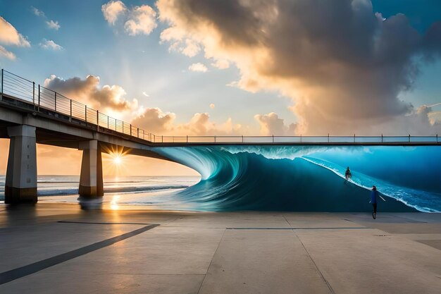 Un puente con una ola en el cielo.