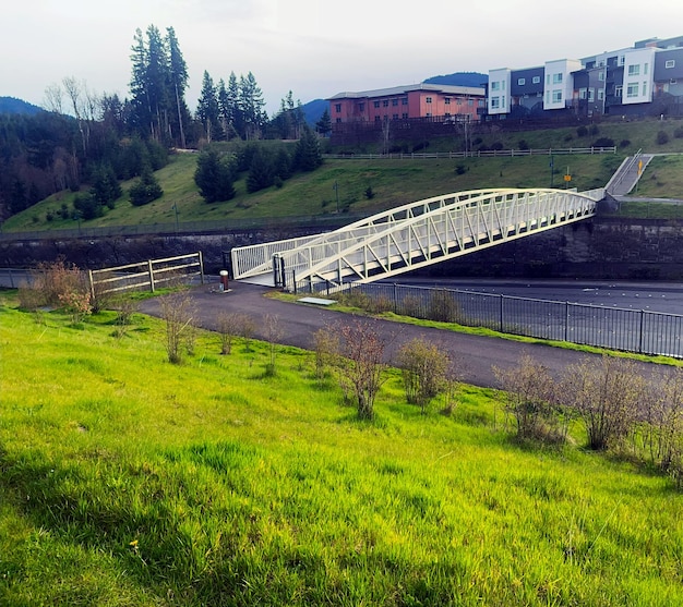 Un puente peatonal en un día nublado