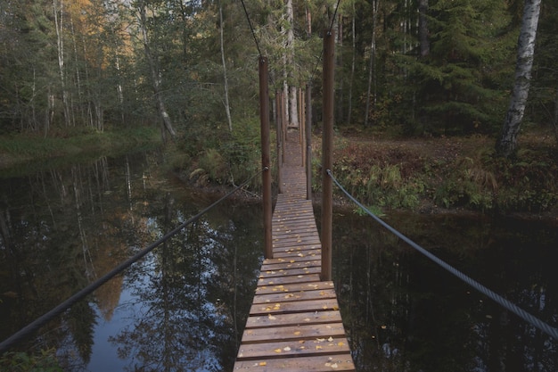 Puente peatonal de madera con bisagras sobre el río en el bosque