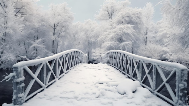 Un puente peatonal nevado y helado de invierno