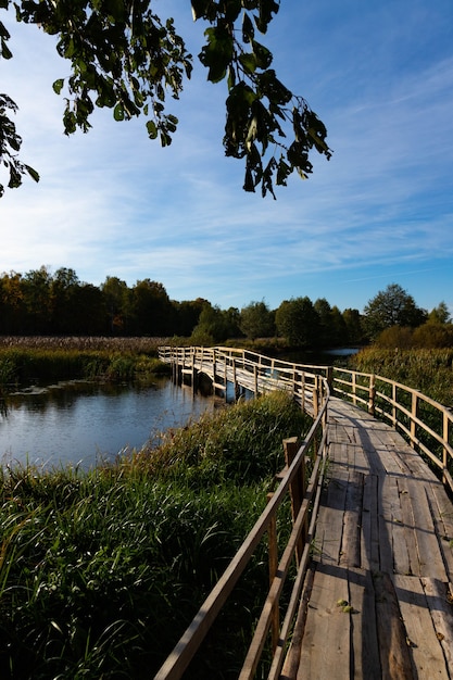 Puente peatonal personalizado y casero sobre el río. Paisaje otoñal.