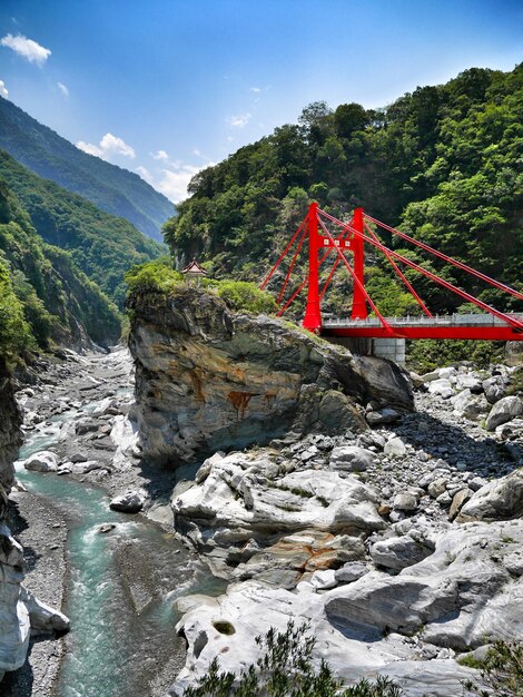 Puente peatonal rojo sobre rocas entre el follaje exuberante