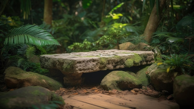 Un puente de piedra en el bosque con musgo creciendo en el suelo.