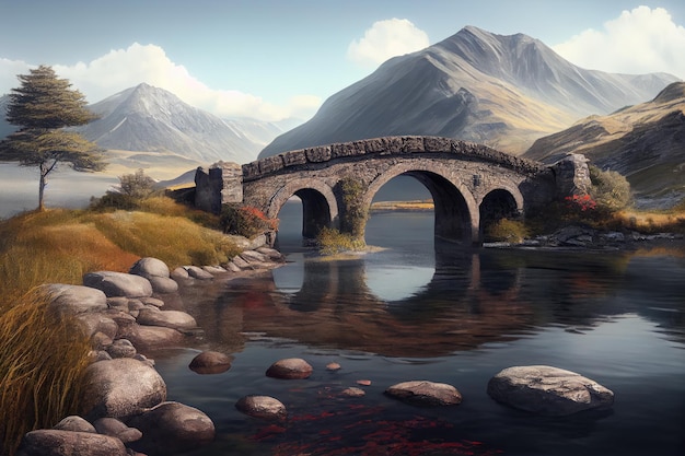 Puente de piedra cruzando un lago tranquilo con vistas a la montaña al fondo