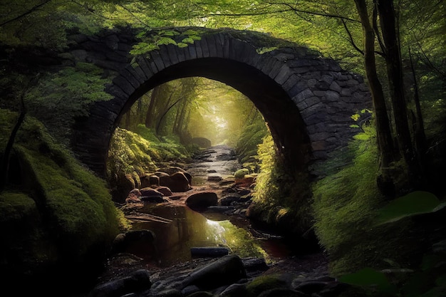 Puente de piedra rodeado de un exuberante bosque verde con la luz del sol filtrándose a través de los árboles