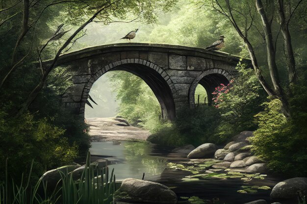Puente de piedra rodeado de un exuberante bosque verde con pájaros cantando en los árboles