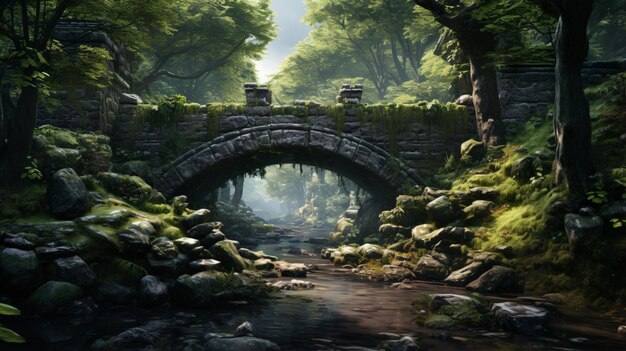 Puente de piedra sobre un pequeño arroyo en un parque