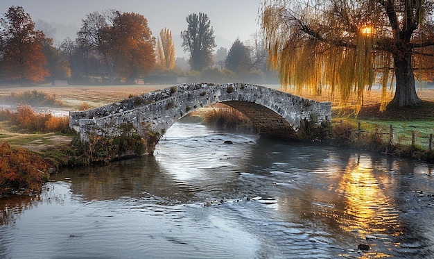 un puente de piedra sobre un río con un árbol en el fondo