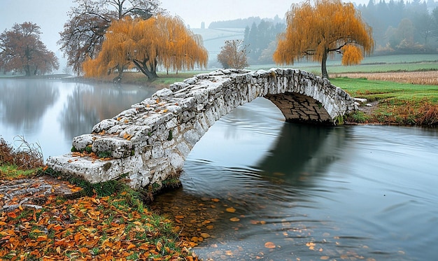 un puente de piedra sobre un río con hojas de otoño en él