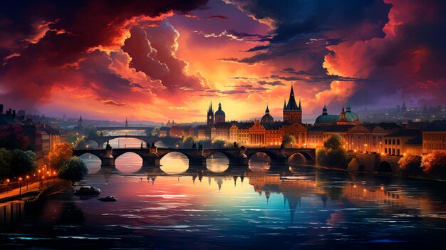 El puente de Praga con el cielo colorido República Checa