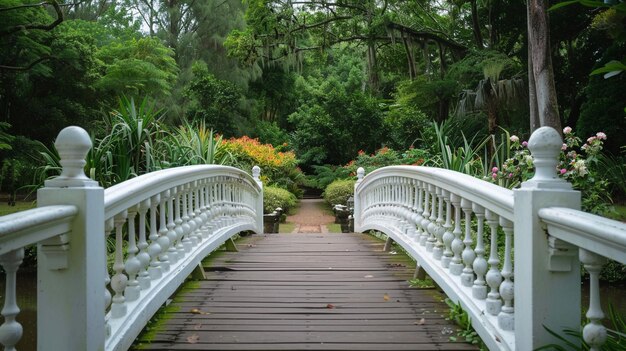 Foto un puente con un puente blanco y árboles en el fondo